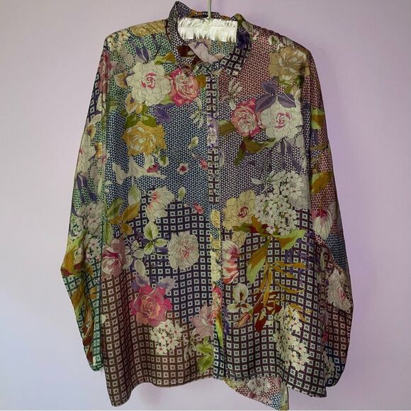 Johnny Was Size S Silk Blouse Top Cathron Mingle Shirt Button Collar - Picture 1 of 11